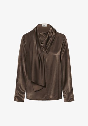 Brūns satīna tops ar garām piedurknēm, drapēts dekoltē un gluda tekstūra. Iespējo relaksētu piegriezumu un minimālistiskus dizaina elementus.