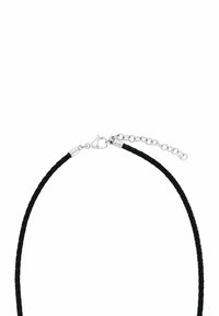 Collana intrecciata nera con hardware color argento, dotata di chiusura a moschettone e catena regolabile per personalizzare la lunghezza.