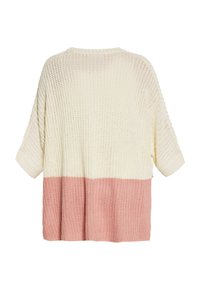Pullover lavorato a maglia con una vestibilità ampia, caratterizzato da una parte superiore color crema e una parte inferiore rosa, maniche corte e una texture a costine.