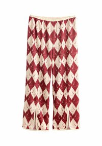 Rote und cremefarbene gemusterte Hosen mit einem Diamantdesign und Schwanengrafiken, elastischem Bund und seitlichen Schlitzen am Saum. Glatte Textur.