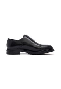 Black leather shoes with a smooth finish, round toe, rubber sole with treads, and a clean design featuring minimal stitching and no visible hardware.