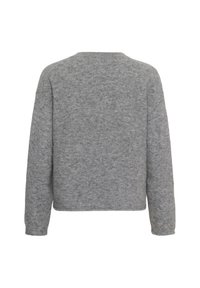 Pull en laine gris à manches longues avec un col rond simple et un motif tricoté légèrement texturé, vu de dos.