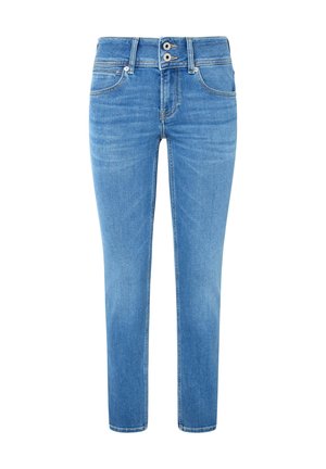 Light blue jeans with a straight fit, made of denim. Features two buttons at the waist, subtle fading, and five-pocket design.