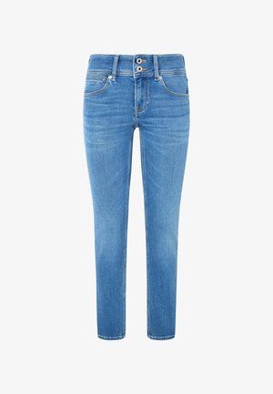 Jeans de color azul claro con corte recto, fabricados en denim. Presentan dos botones en la cintura, un ligero desgaste y un diseño de cinco bolsillos.