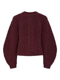 Burgundy kötött pulóver texturált kábelmintákkal, kerek nyakkal és puffos ujjal. Az bordázott mandzsetta és szegély kiemeli a dizájnt.