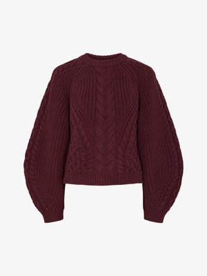 Sweater de malha cor bordeaux com padrões de cabos texturizados, decote redondo e mangas bufantes. Punhos e bainha canelados acentuam o design.