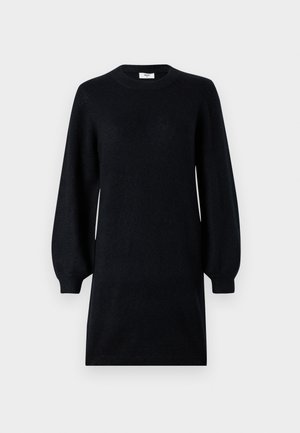 Fekete kötött ruha kerek nyakkivágással, hosszú ballon ujjakkal és laza szabással. Puha tapintású és minimális dizájn, látható minták nélkül.
