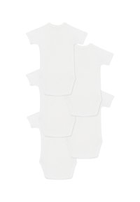 Sett med fem hvite kortermede bodysuits laget av myk bomull, med et enkelt design med rund hals og uten mønstre eller aksenter.