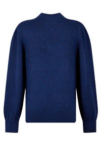 Pull en maille bleu marine à manches longues, col montant et poignets côtelés, présentant un tissu doux et texturé. Aucun motif visible.