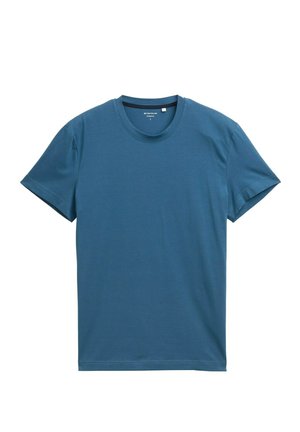 Krátký rukáv tričko v tmavě modré barvě, vyrobené z měkké bavlny. Má kulatý výstřih a hladkou, rovnoměrnou texturu s jednoduchými švy.