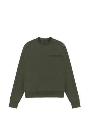 Dunkelgrünes Sweatshirt mit Rundhalsausschnitt, langen Ärmeln und einem kleinen schwarzen Logopatch auf der linken Brust.