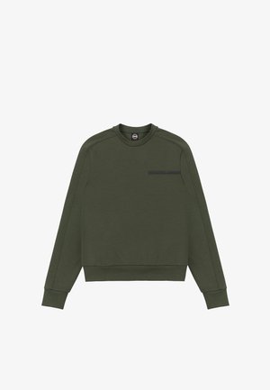 Sötétzöld, hosszú ujjú, kerek nyakú pulóver kis fekete logóval a bal mellkason.