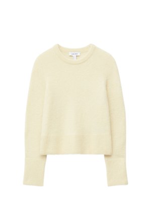 Cream-colored cropped sweater made of soft material, featuring a round neckline and ribbed cuffs and hem, with a smooth texture throughout.