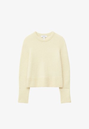 Cream-colored cropped sweater made of soft material, featuring a round neckline and ribbed cuffs and hem, with a smooth texture throughout.