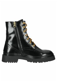 Black leather ankle boot with thick tread sole, gold eyelets, brown laces, and a side zipper.