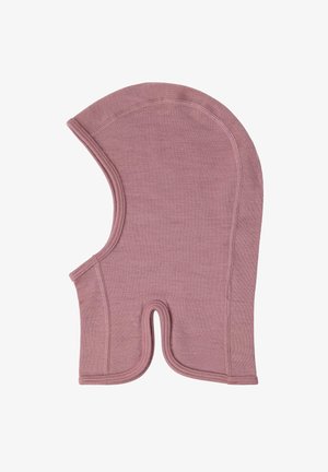 Roze wollen balaclava met een afgeronde top, zijsleuven en een gladde textuur. Voorzien van zachte naden voor comfort en warmte.