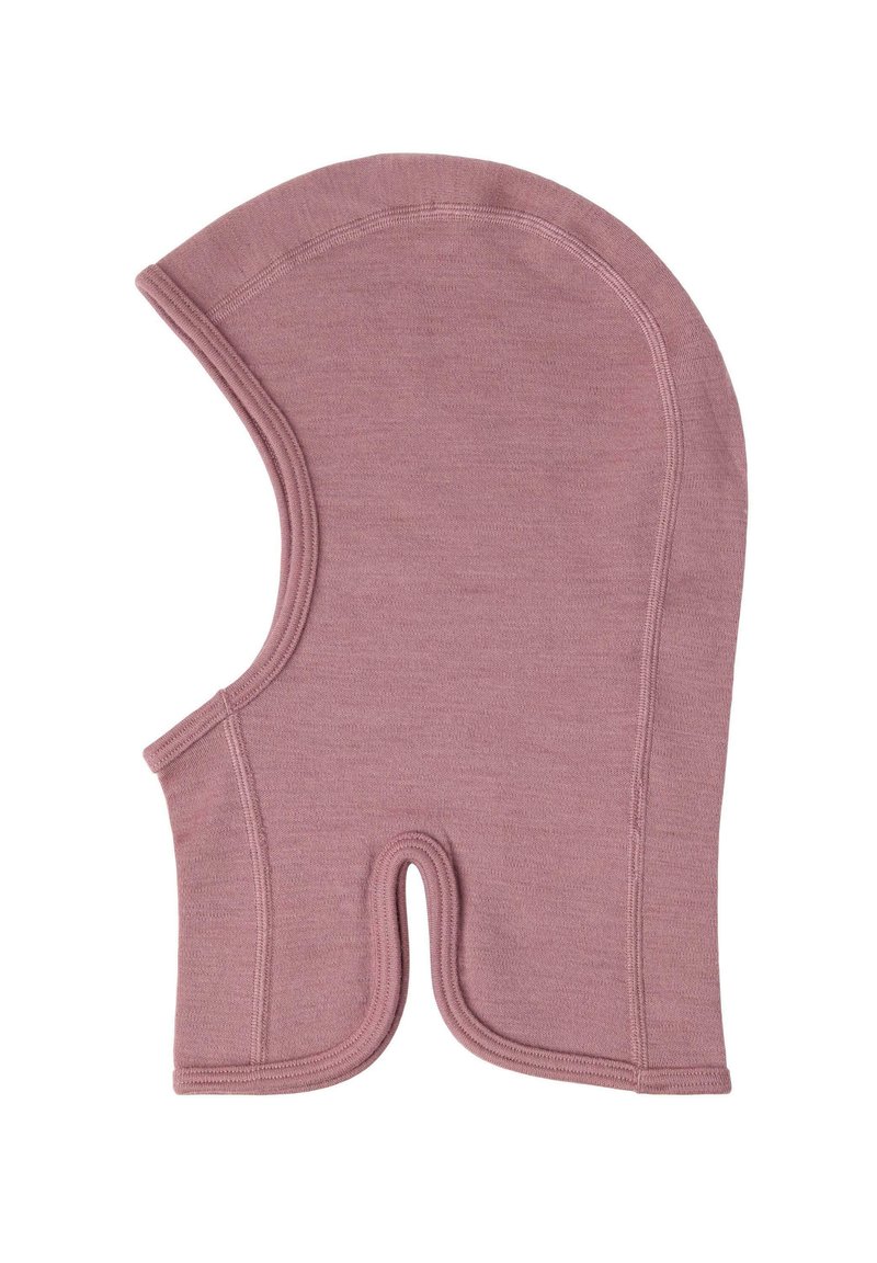 Roze wollen balaclava met een afgeronde top, zijsleuven en een gladde textuur. Voorzien van zachte naden voor comfort en warmte.