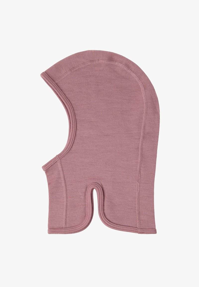 Roze wollen balaclava met een afgeronde top, zijsleuven en een gladde textuur. Voorzien van zachte naden voor comfort en warmte.
