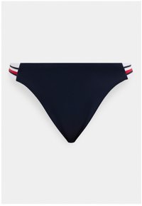 Slip bikini blu navy con fasce laterali elastiche a righe rosse, bianche e nere su sfondo bianco.