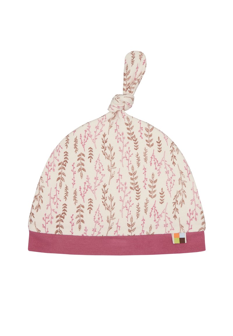 Cappellino annodato per bebè realizzato in morbido cotone, con uno sfondo crema e stampe botaniche rosa e marroni, e un risvolto rosa nella parte inferiore.