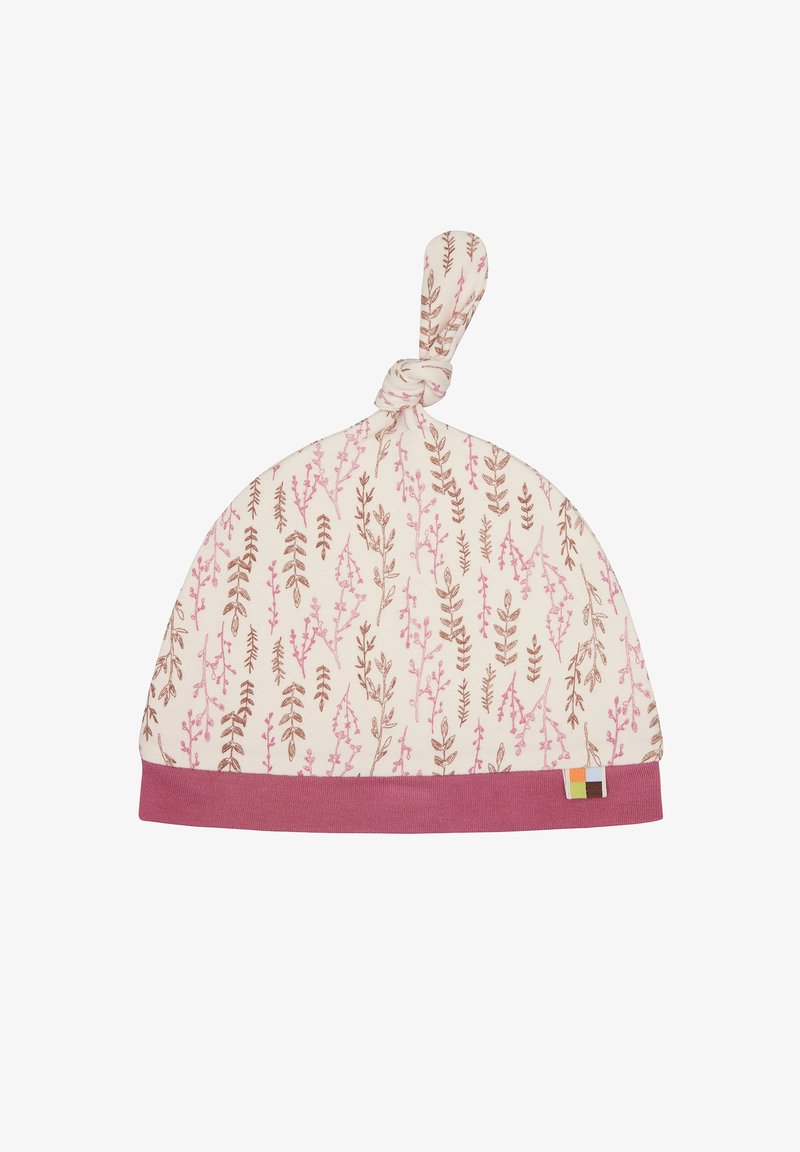 Cappellino annodato per bebè realizzato in morbido cotone, con uno sfondo crema e stampe botaniche rosa e marroni, e un risvolto rosa nella parte inferiore.