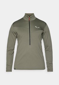 Fleece-Pullover in Olivgrün mit hohem Kragen, halbem Reißverschluss vorne und schwarzem Reißverschluss. Verfügt über strukturierten Stoff und weiße Logodetails auf der Brust.
