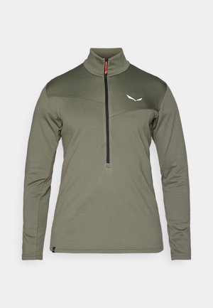 Fleece-Pullover in Olivgrün mit hohem Kragen, halbem Reißverschluss vorne und schwarzem Reißverschluss. Verfügt über strukturierten Stoff und weiße Logodetails auf der Brust.