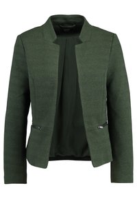 Blazer vert foncé pour femme avec devant ouvert, motif chevron subtil, deux poches zippées et encolure sans col.