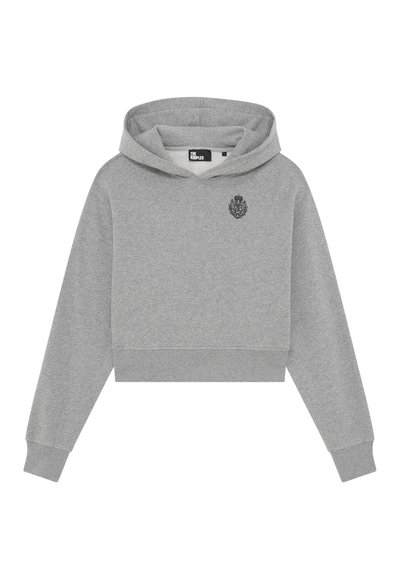 Crop hoodie grigio realizzato in tessuto morbido con tasca a marsupio frontale e logo ricamato nero sulla zona sinistra del petto.