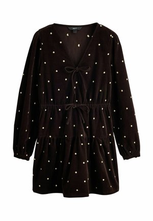 Next, PETITE FIT - LONG SLEEVE V-NECK TIE CORD MINI DRESS - Freizeitkleid - chocolate brown gold spot