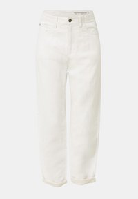 Pantalones de mezclilla blanca con cintura alta, diseño de pierna recta y dobladillos enrollados. Cuenta con cinco bolsillos y cierre de botón.