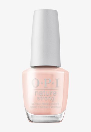 OPI Nature Strong neglelakflaske i blød lyserød nuance med hvid hætte, mærket naturlig oprindelseslak.