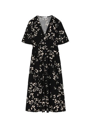 Black dress featuring short sleeves, a V-neck, and a button front. Decorated with a cream floral pattern, it has a fitted waist and flared skirt.