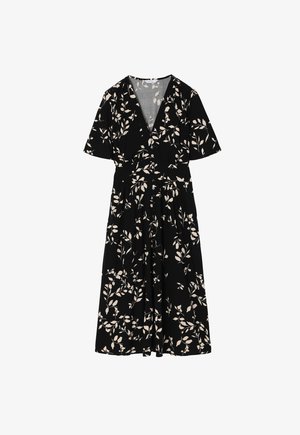 Črna obleka z kratkimi rokavi, V-izrezom in sprednjim gumbom. Okrašena s smetanastim cvetličnim vzorcem, ima oprijet pas in razširjen krilo.