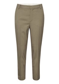 Ljusbruna skräddarsydda byxor med framfållar, smal passform och raka ben. Har dragkedja och två sidofickor. Slät tygtextur.