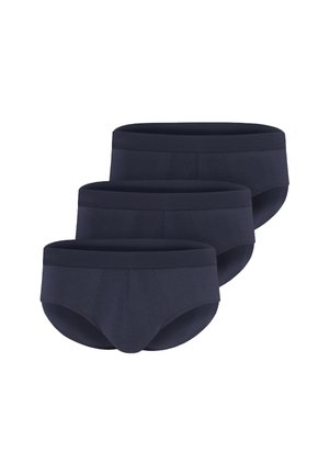 Navy blue men's briefs, three-pack, made of soft fabric. Features elastic waistband and a smooth finish with minimal seams.