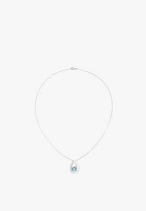Zilveren kettinkje met een druppelvormige hanger waarin een lichtblauwe edelsteen zit. Gladde afwerking met een stevig slot.
