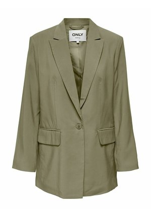 Blazer vert olive à un bouton avec revers crantés, poches à rabat, manches longues et doublure intérieure lisse.