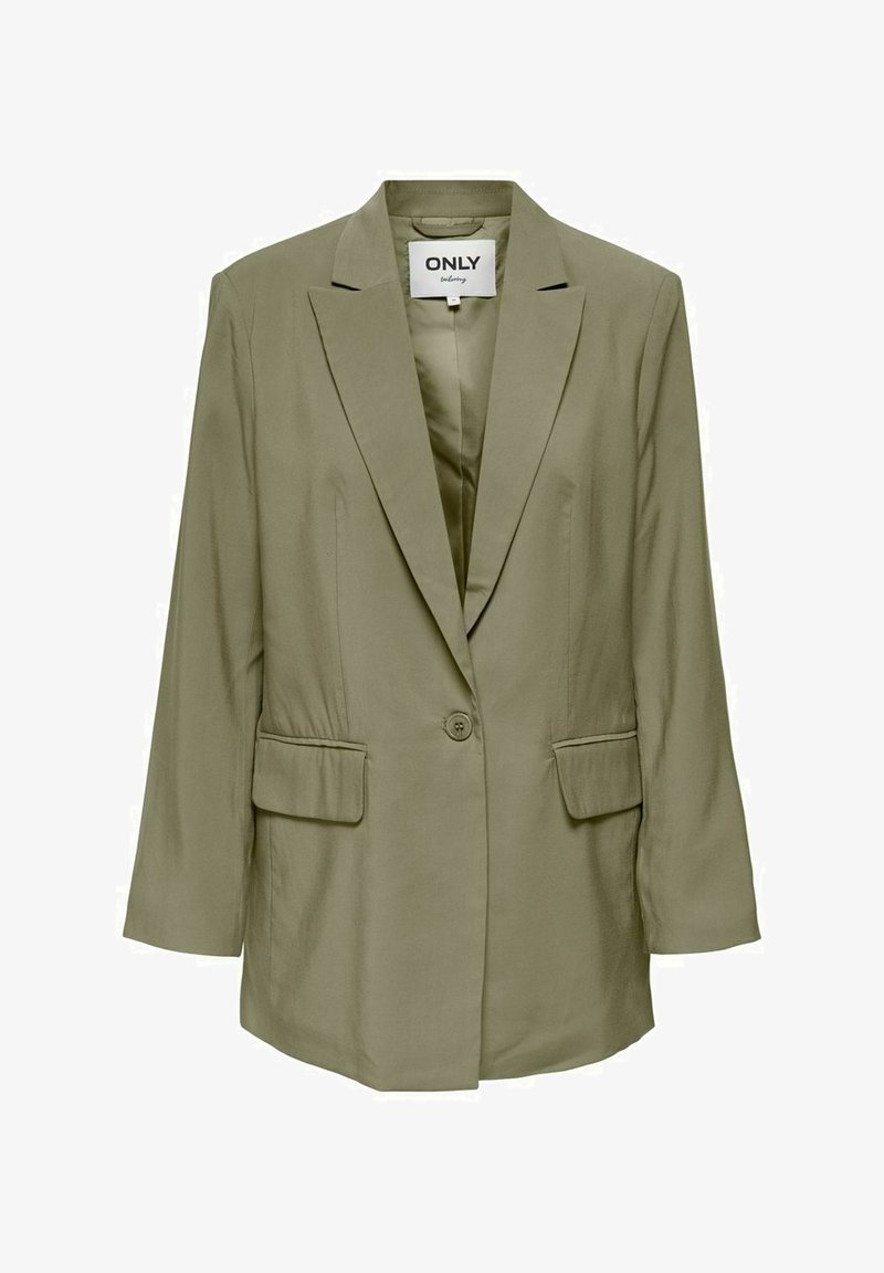Blazer vert olive à un bouton avec revers crantés, poches à rabat, manches longues et doublure intérieure lisse.