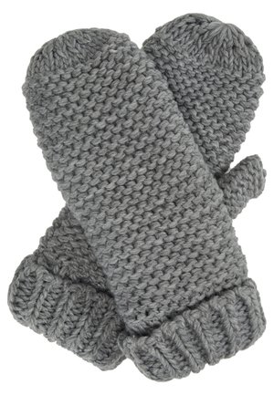 Moufles en tricot épais gris avec poignets côtelés, conçues pour couvrir les mains et les pouces afin de les réchauffer.