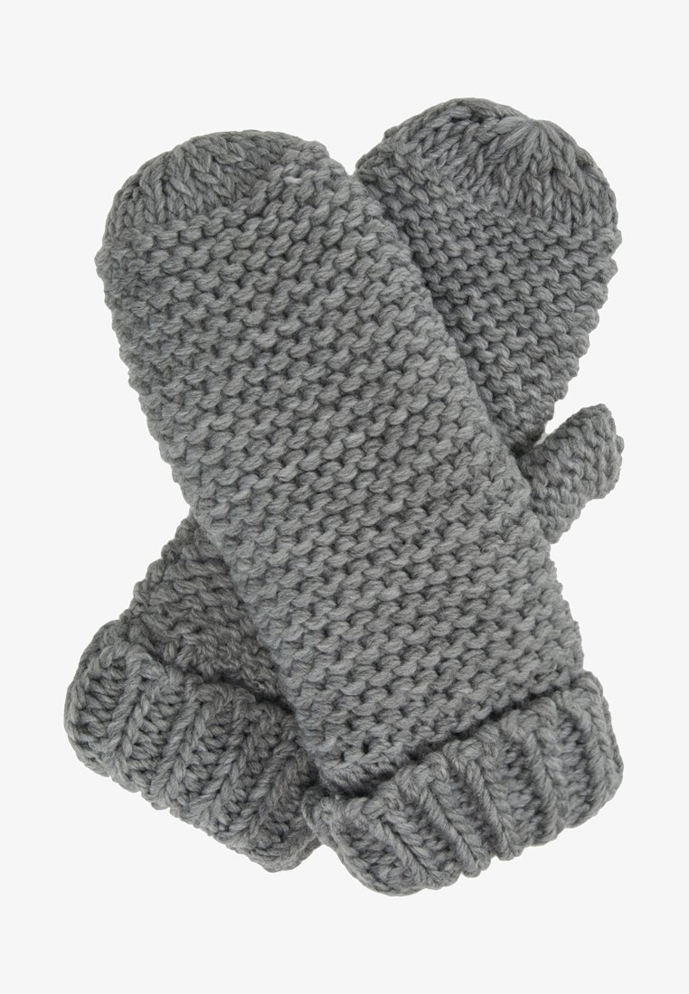 Moufles en tricot épais gris avec poignets côtelés, conçues pour couvrir les mains et les pouces afin de les réchauffer.