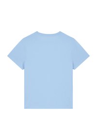 T-shirt bleu clair à manches courtes avec un col rond, fabriqué en coton doux, présentant une texture unie et sans motifs ni accents visibles.
