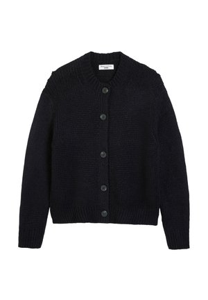 Cardigan lavorato a maglia blu navy con scollo rotondo, tessuto texture, polsini a coste e apertura con bottoni che presenta sei bottoni neri.