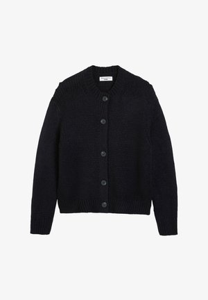 Navyblauer Strickcardigan mit Rundhalsausschnitt, strukturiertem Stoff, gerippten Bündchen und einer Knopfleiste mit sechs schwarzen Knöpfen.