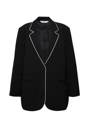 Blazer nero con piping bianco a contrasto, due tasche frontali, chiusura a due bottoni e colletto a punta. Tessuto dalla texture liscia.