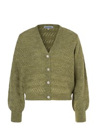 Groene gebreide cardigan met een V-hals, textuurpatroon en vijf decoratieve knopen aan de voorkant. Verkorte design met lange, poffige mouwen.