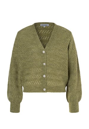 Groene gebreide cardigan met een V-hals, textuurpatroon en vijf decoratieve knopen aan de voorkant. Verkorte design met lange, poffige mouwen.