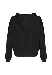 Sweat-shirt à capuche noir à manches longues, coupe décontractée, avec des poignets côtelés aux manches et à l'ourlet. Tissu doux avec une texture lisse.