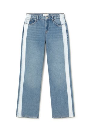 Vaqueros de pierna ancha en azul claro con paneles laterales blancos en contraste. Fabricados en mezclilla con una textura suave. Diseño clásico de cinco bolsillos.