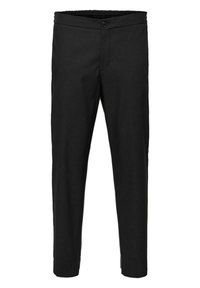 Svarta byxor med en slät yta, med knäppning och elastisk midja. Slim fit-design, avsmalnande benform, inga synliga mönster.